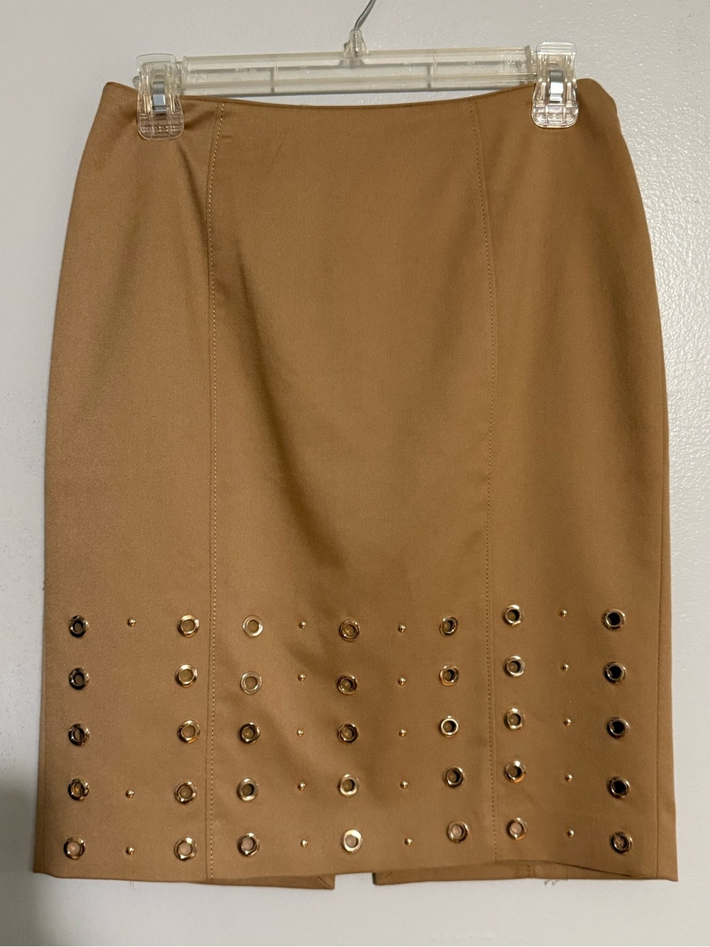 White House Black Market Camel Pencil Skirt with Gold Eyelet Detail